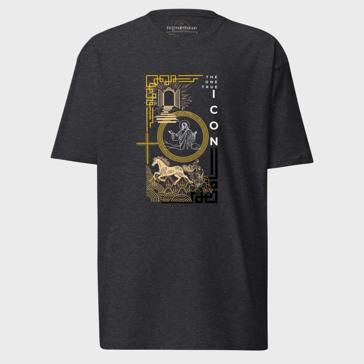 Black t-shirt with gold graphic design on a white background