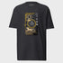 Black t-shirt with gold graphic design on a white background