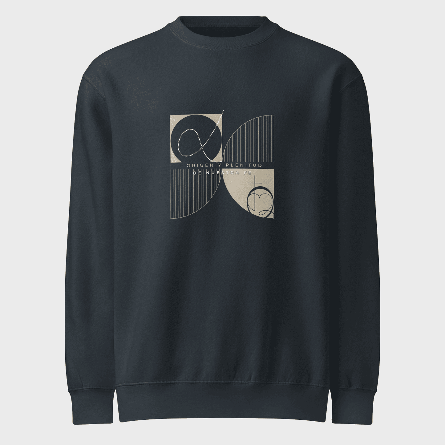 Navy blue sweatshirt with geometric design on a light gray background