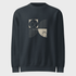 Navy blue sweatshirt with geometric design on a light gray background