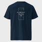 Navy blue t-shirt with white text and design on the back against a light gray background