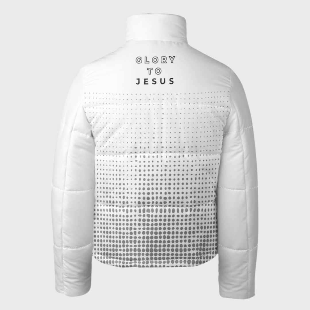 Men's puffer jacket with text Glory to Christ_product mockup_visible from behind