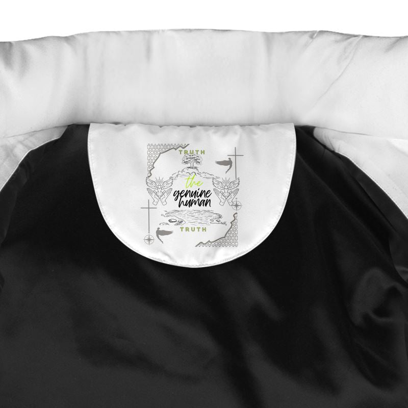 Men's puffer jacket with text Glory to Christ-zoom on logo thegenuinehuman