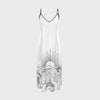 A black and white silk dress with a V-neck and adjustable straps, featuring a design with elements from the heavenly realm and nature.