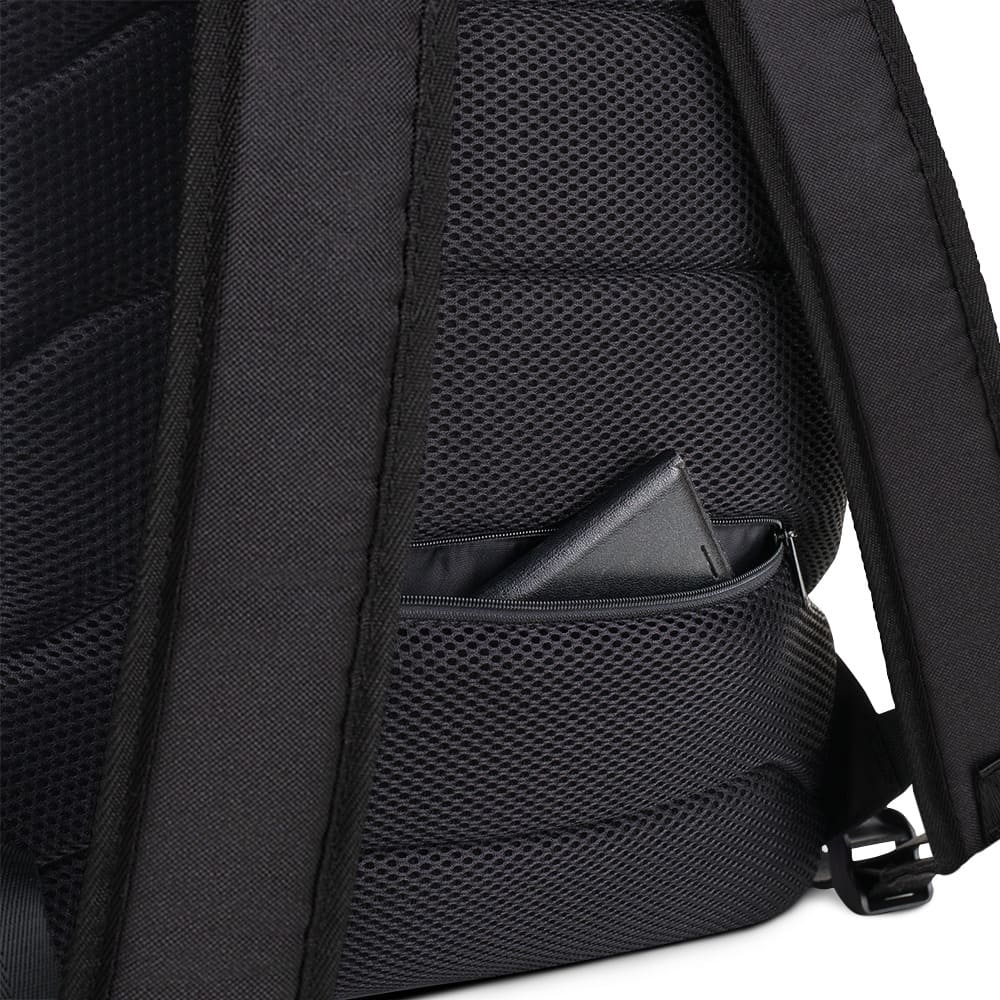 Close up of external pocket of backpack