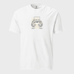 White t-shirt with graphic design on a light gray background