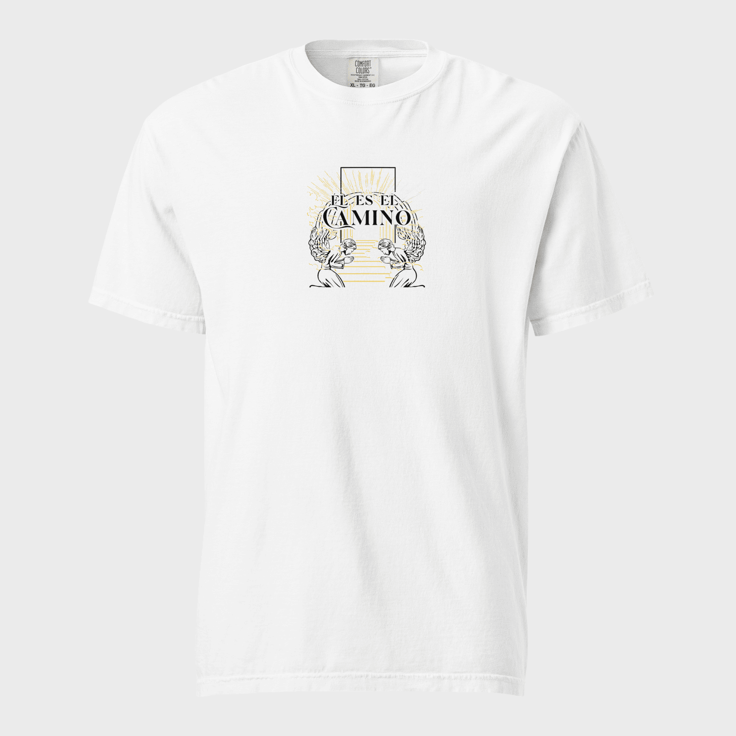 White t-shirt with graphic design on a light gray background