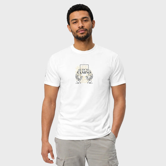 Man wearing a white t-shirt with a logo on a plain background