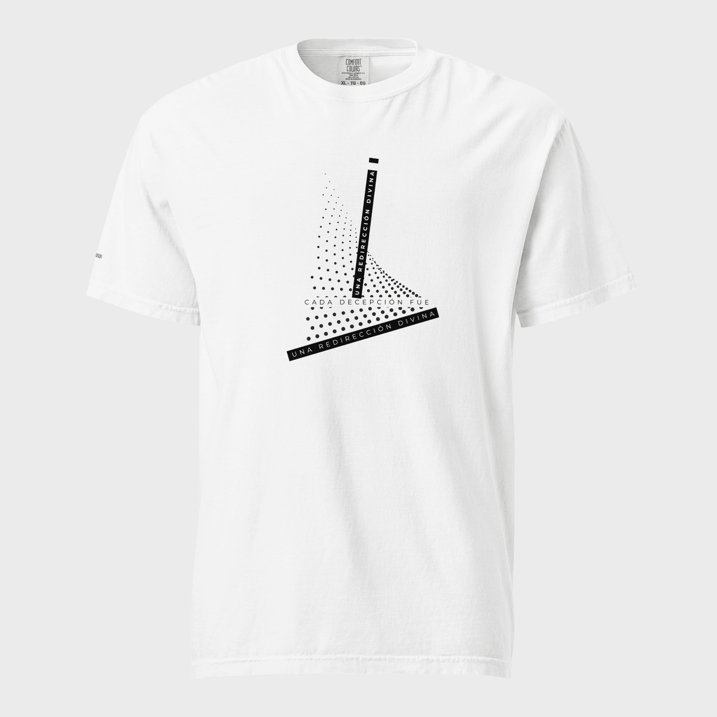 White t-shirt with black geometric design on a light gray background