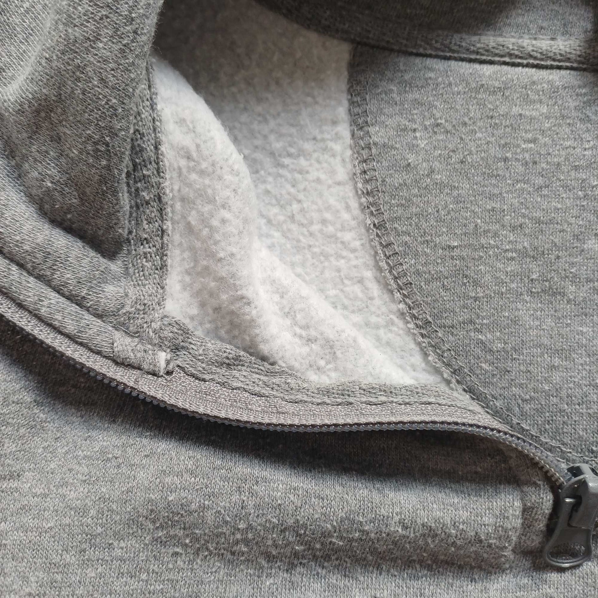 Close-up of a gray fleece jacket with a zipper