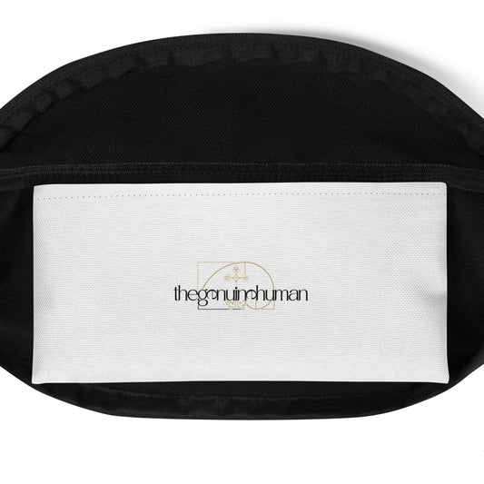 Black pouch with a white label featuring 'thegenuinehuman' on a white background
