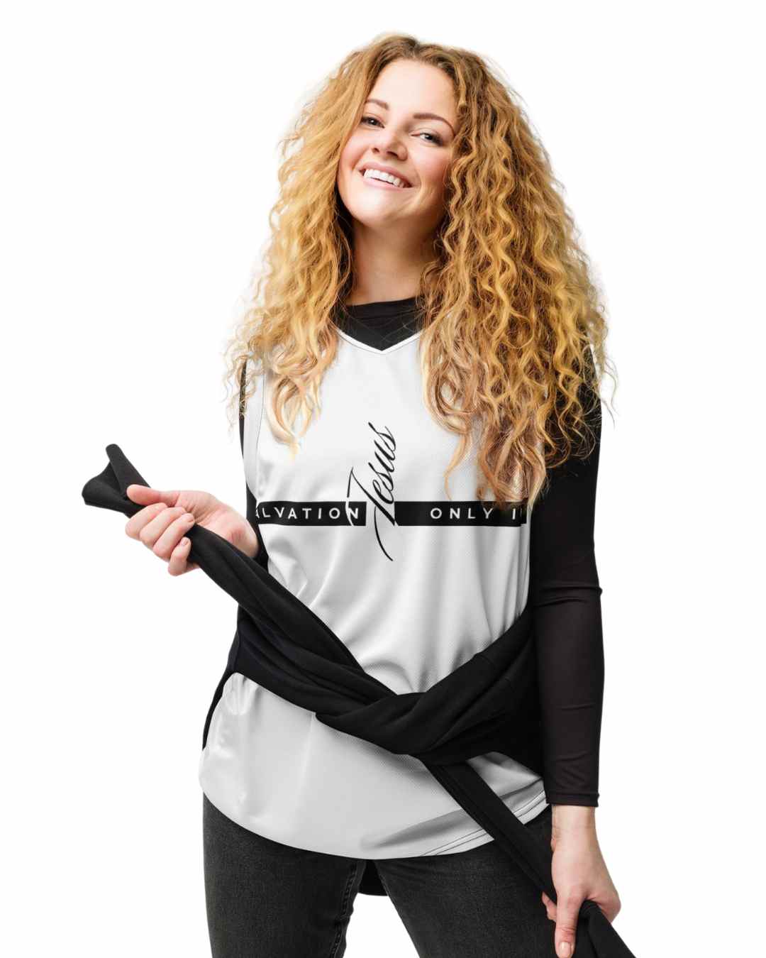 Woman wearing Christian sports tank top with Jesus text at the center