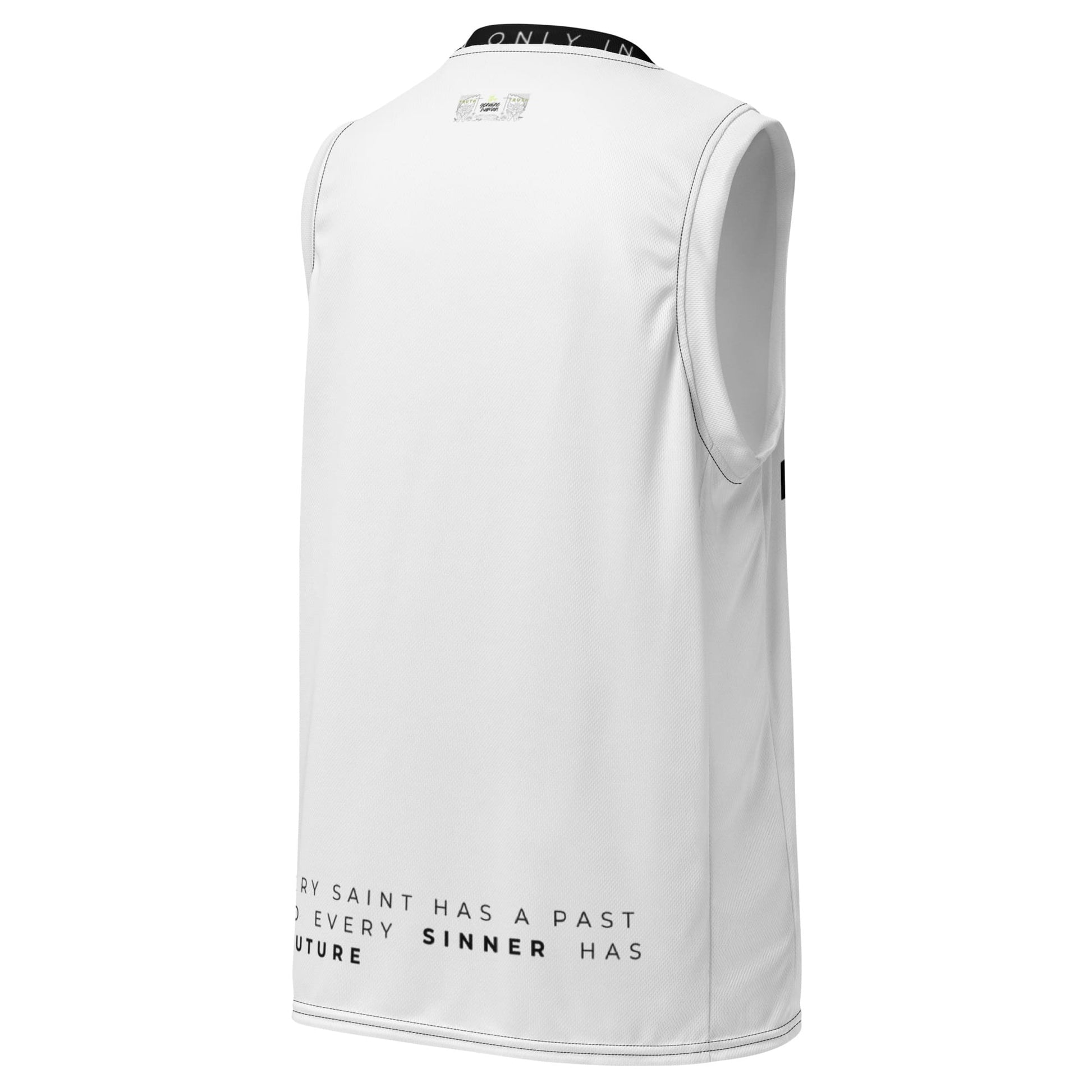 White sports tank with text from behind on plain background