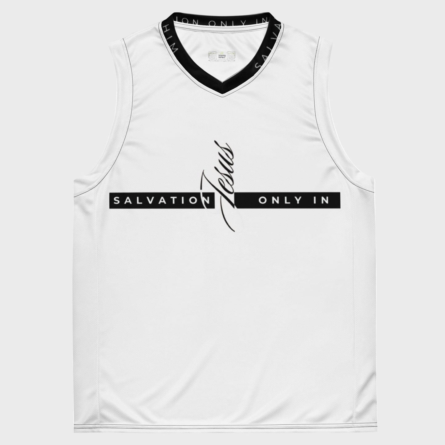 White sleeveless shirt with black text JESUS and branding on a white background