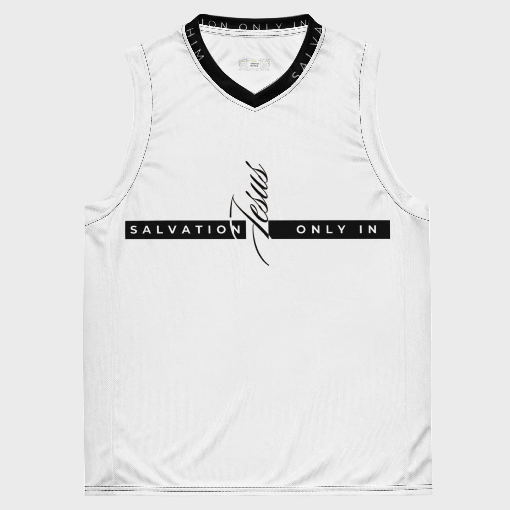 White sleeveless shirt with black text JESUS and branding on a white background