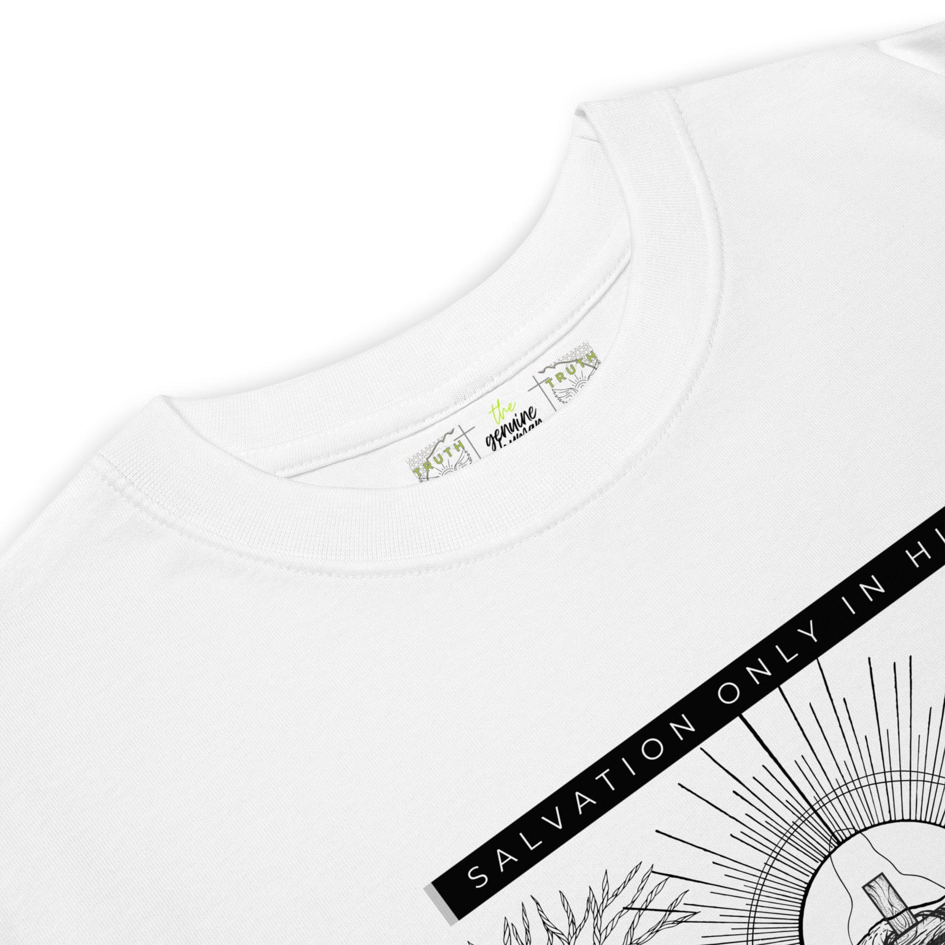 White t-shirt with graphic design and text on a white background