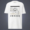 White t-shirt with religious design and text on a gray background