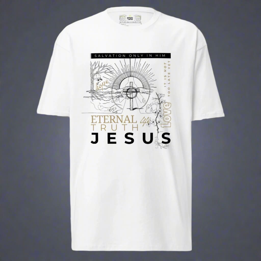 White t-shirt with religious design and text on a gray background