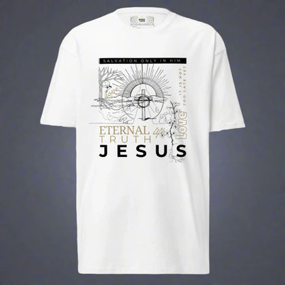 White t-shirt with religious design and text on a gray background