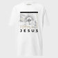 White t-shirt with religious design and text on a gray background