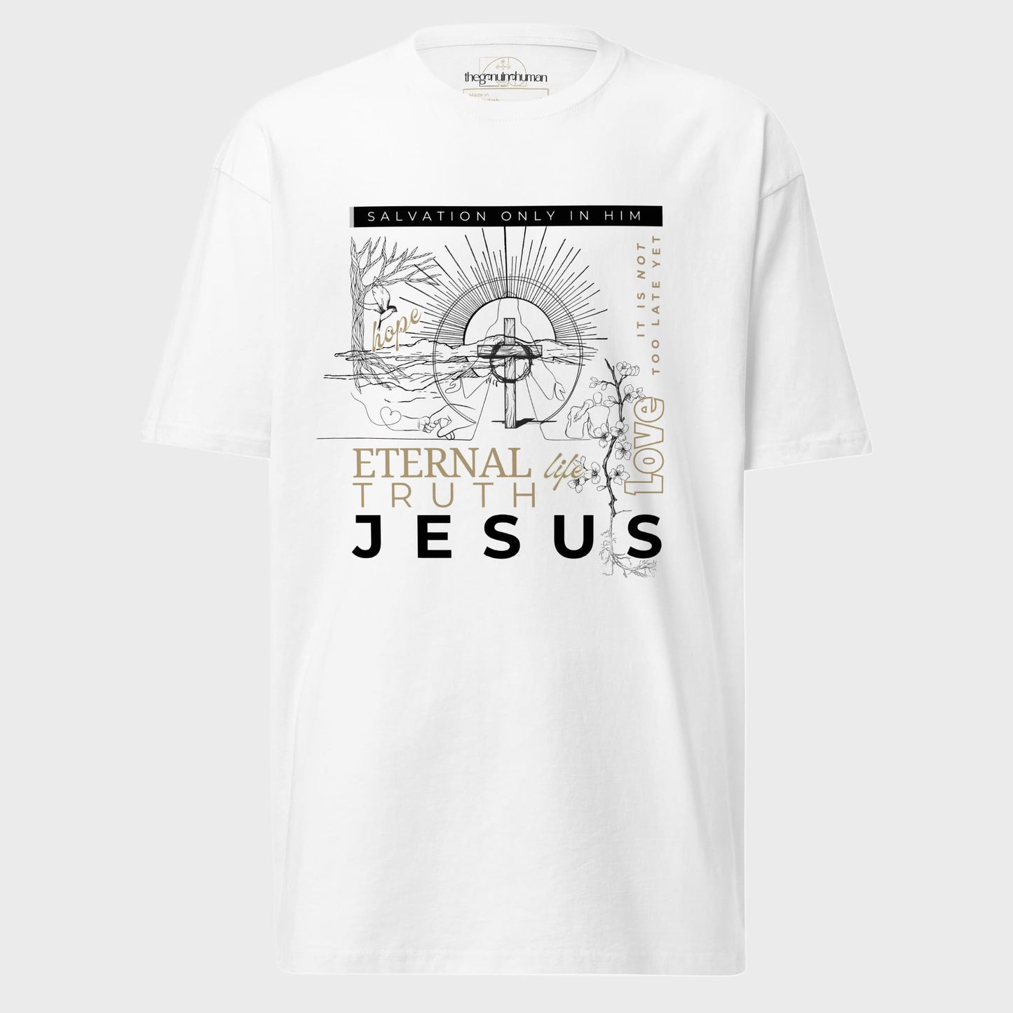 White t-shirt with religious design and text on a gray background