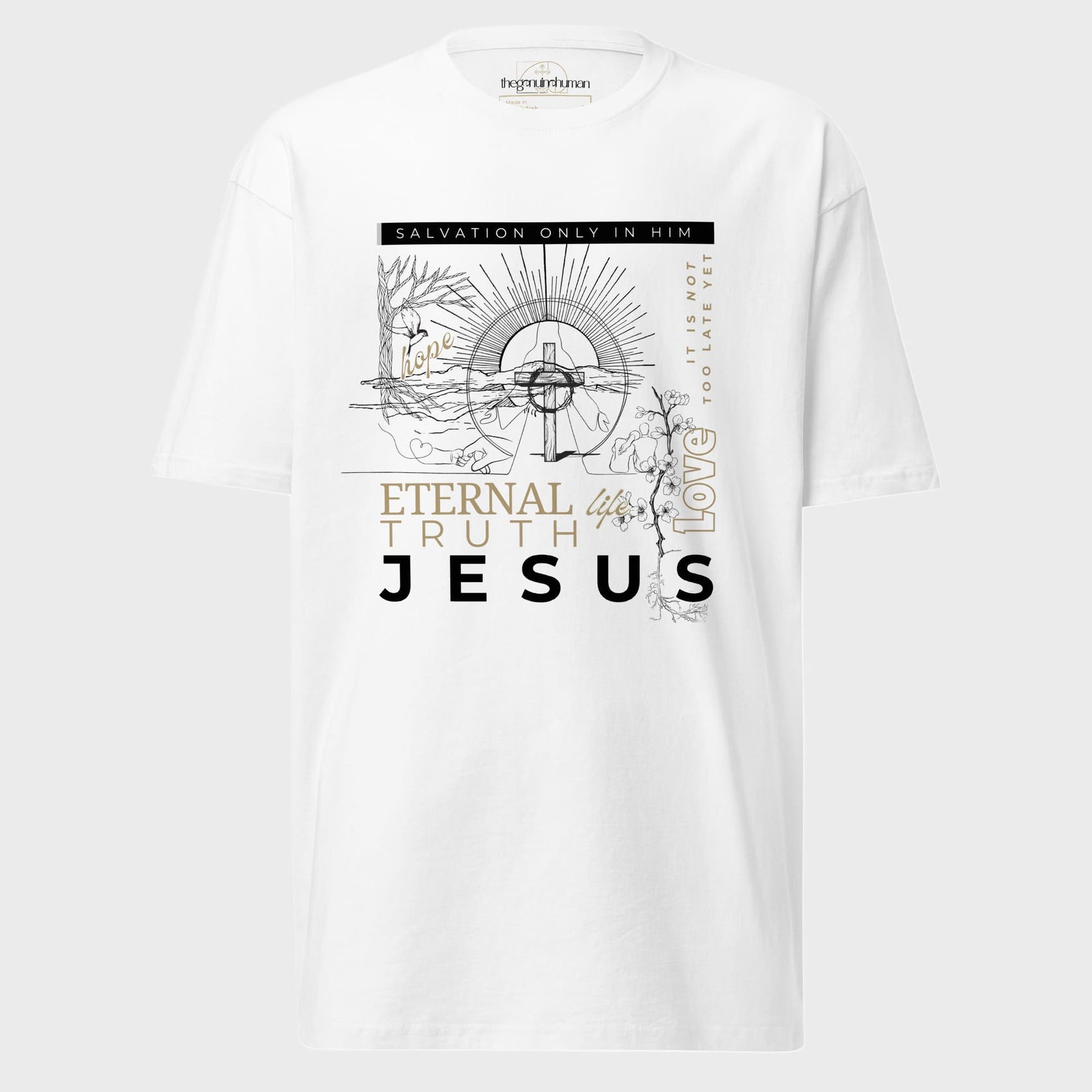 White t-shirt with religious design and text on a gray background