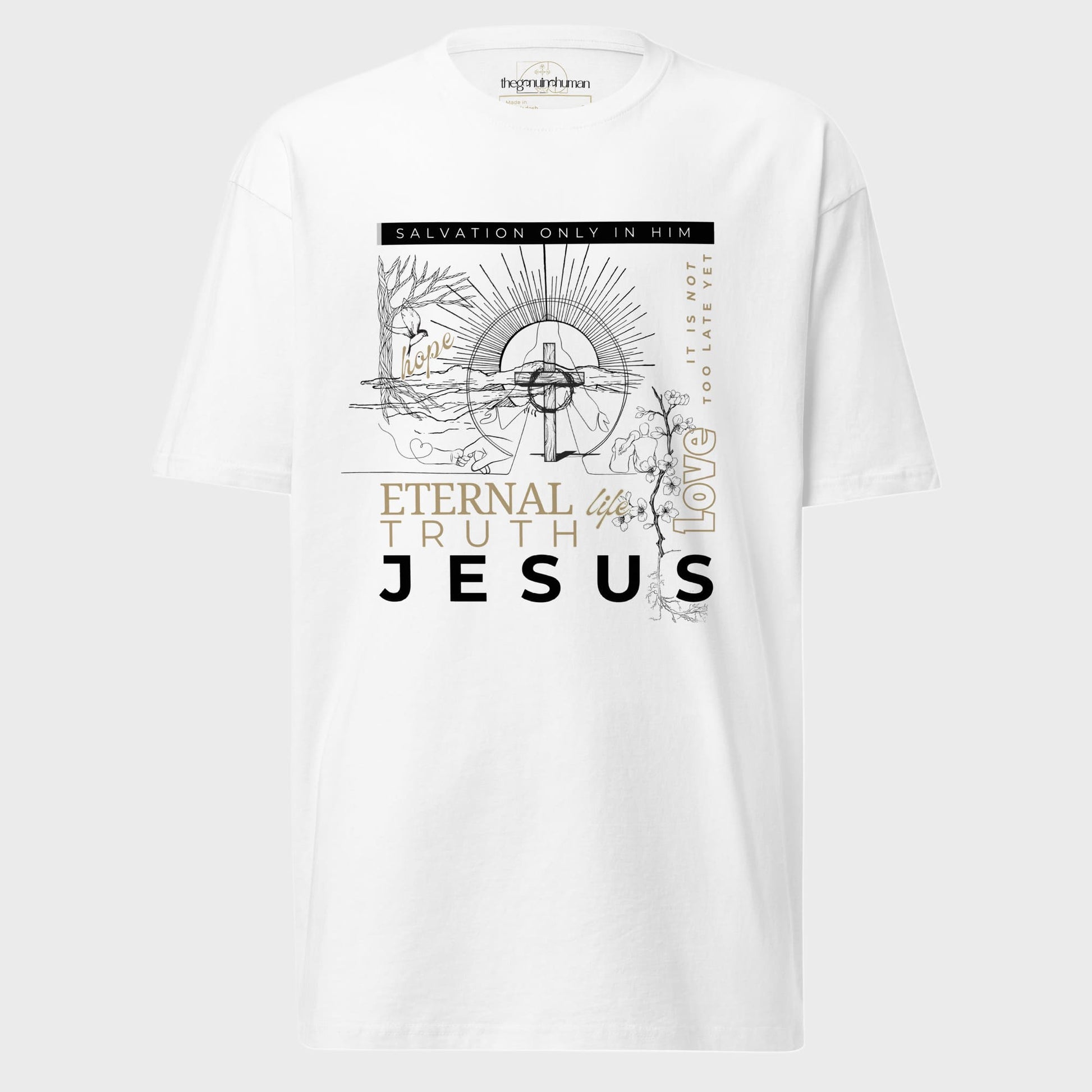 White t-shirt with religious design and text on a gray background