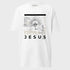 White t-shirt with religious design and text on a gray background