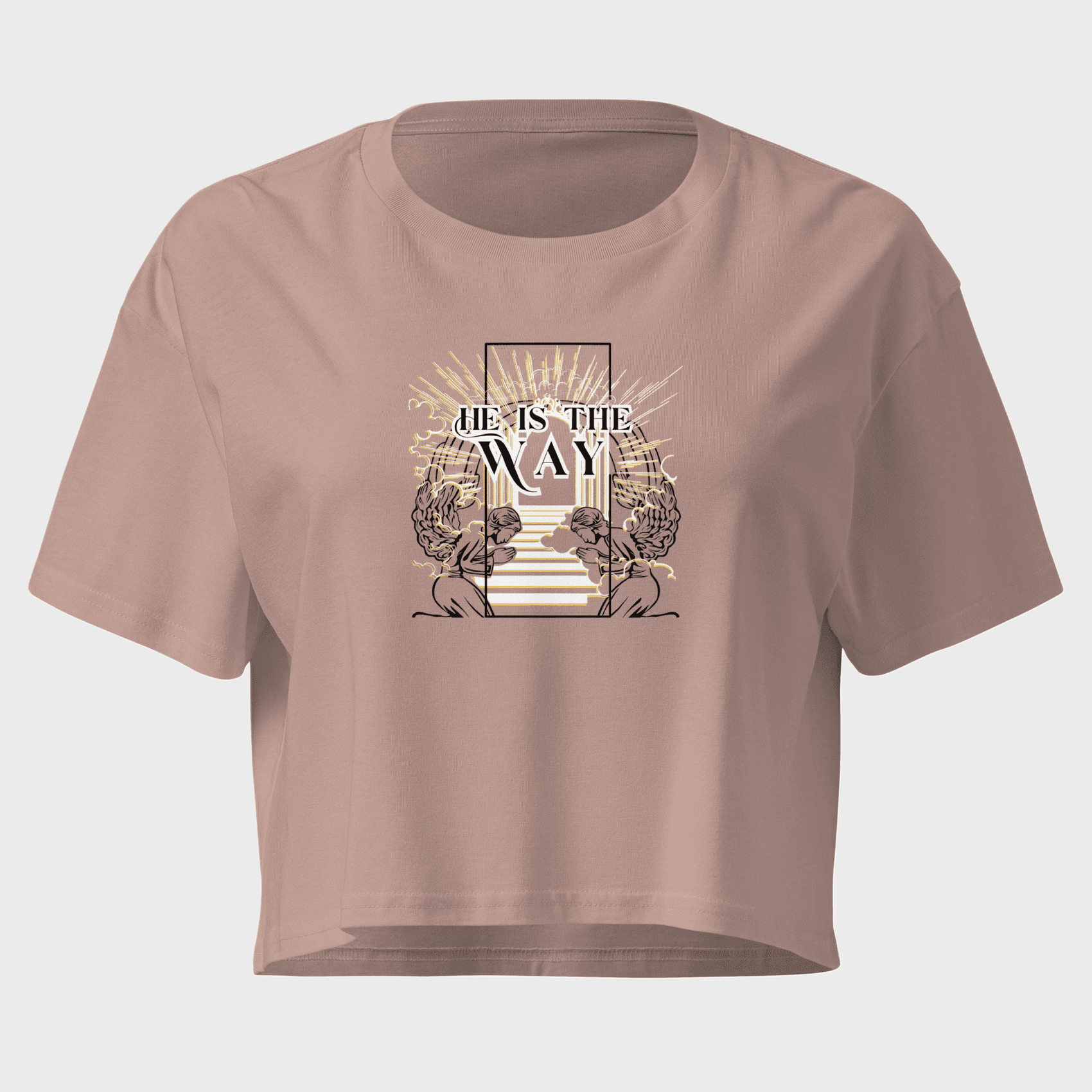 Light pink crop top with 'HE IS THE WAY' text on a white background
