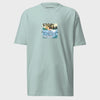 Light blue t-shirt with a graphic design and text on a light gray background
