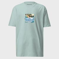Light blue t-shirt with a graphic design and text on a light gray background