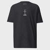 Dark gray t-shirt with a small logo on the back against a white background