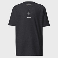 Dark gray t-shirt with a small logo on the back against a white background