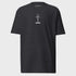 Dark gray t-shirt with a small logo on the back against a white background