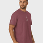 Man wearing a maroon t-shirt with a logo on a light gray background