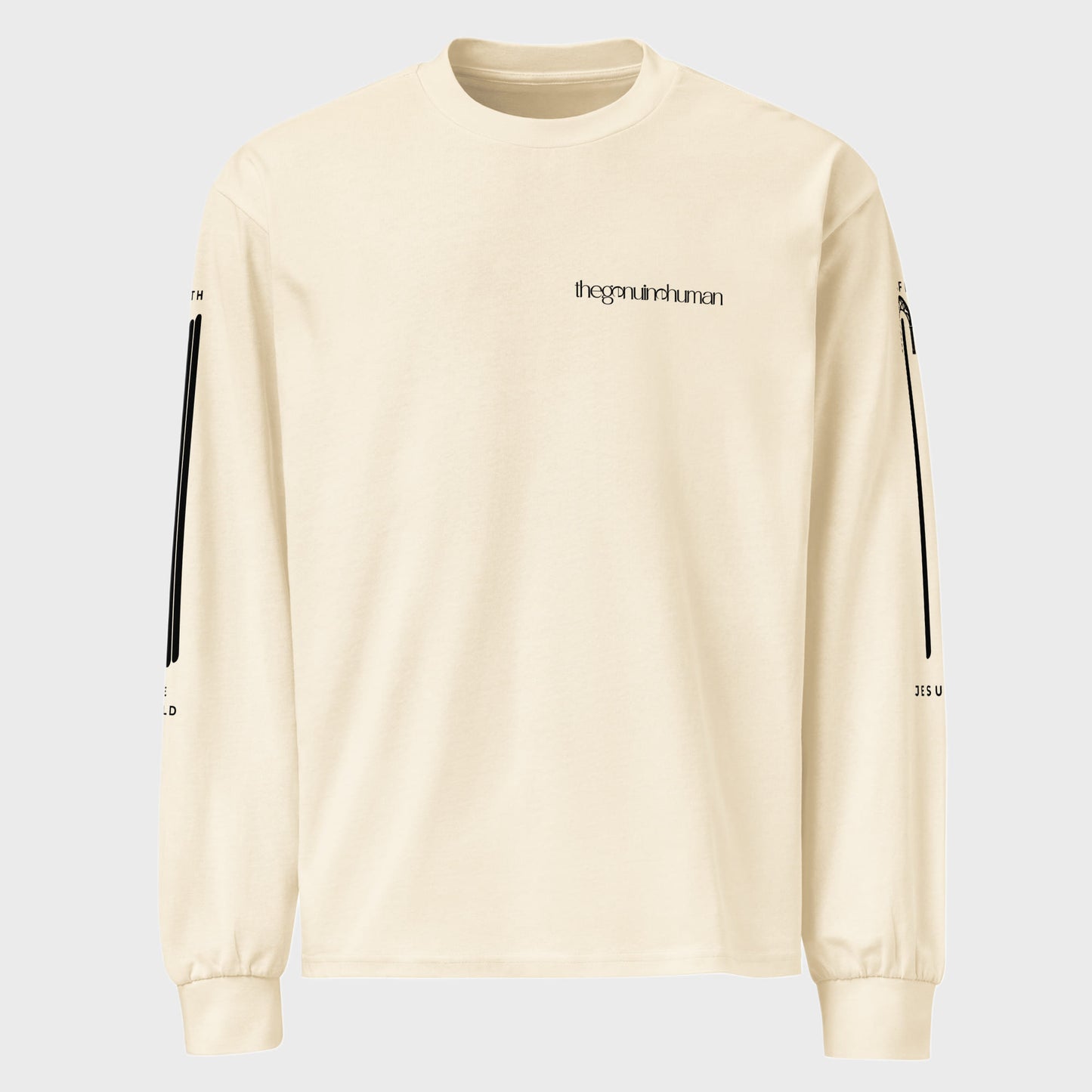 Beige sweatshirt with black accents on a light gray background