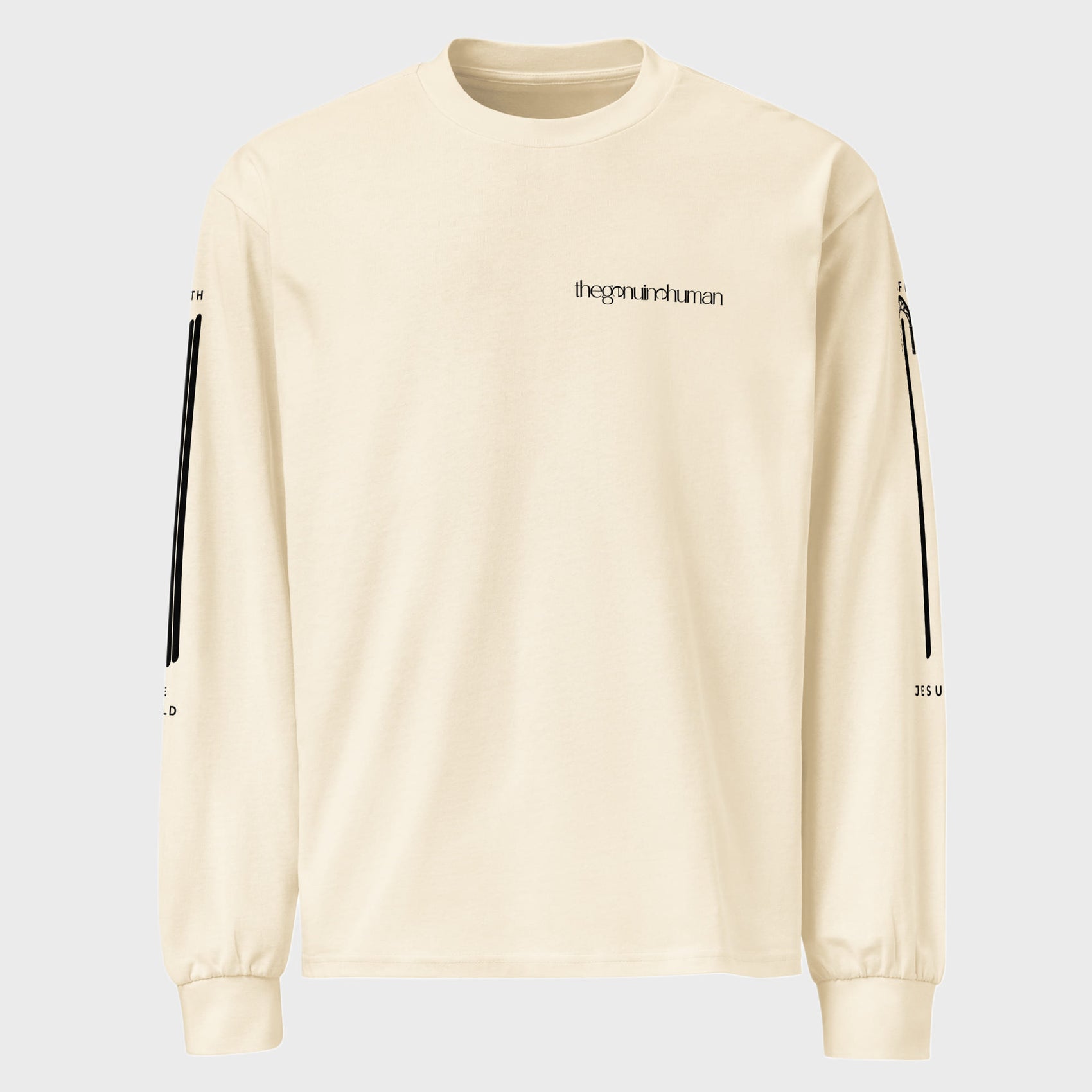 Beige sweatshirt with black accents on a light gray background