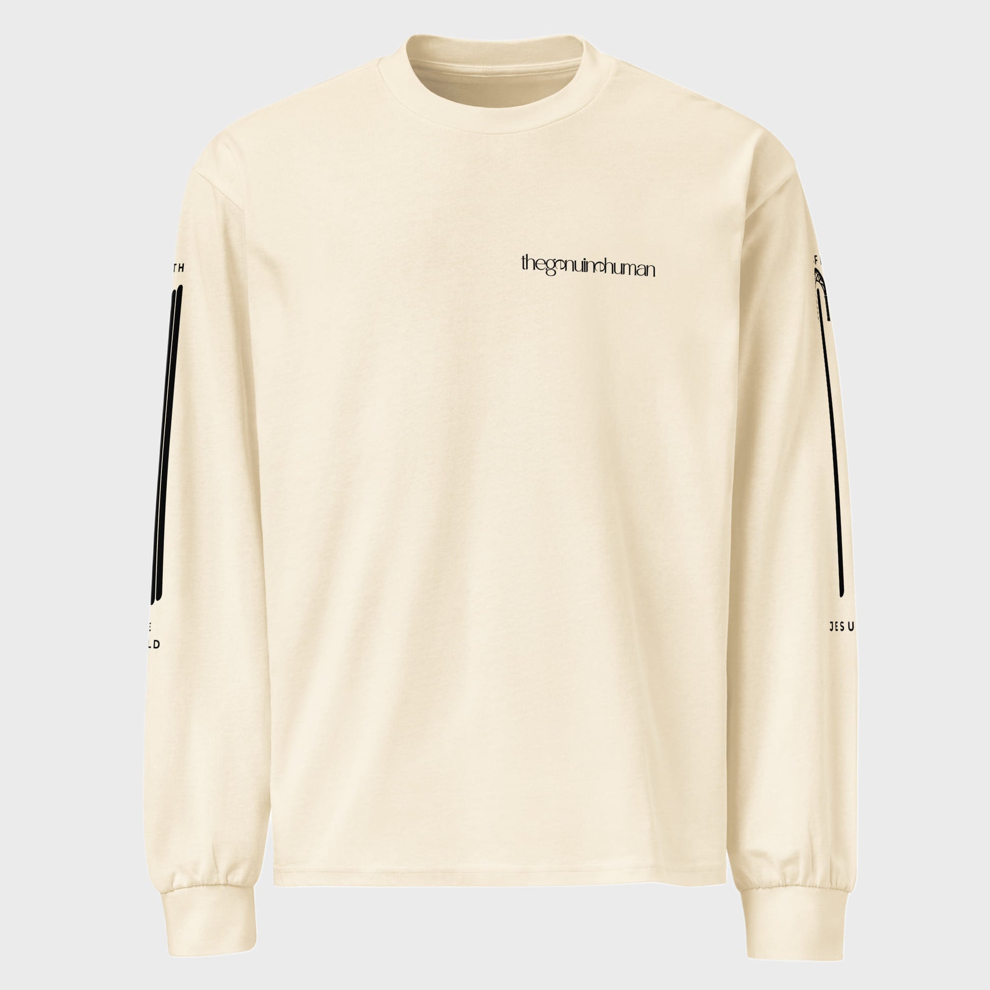 Beige sweatshirt with black accents on a light gray background
