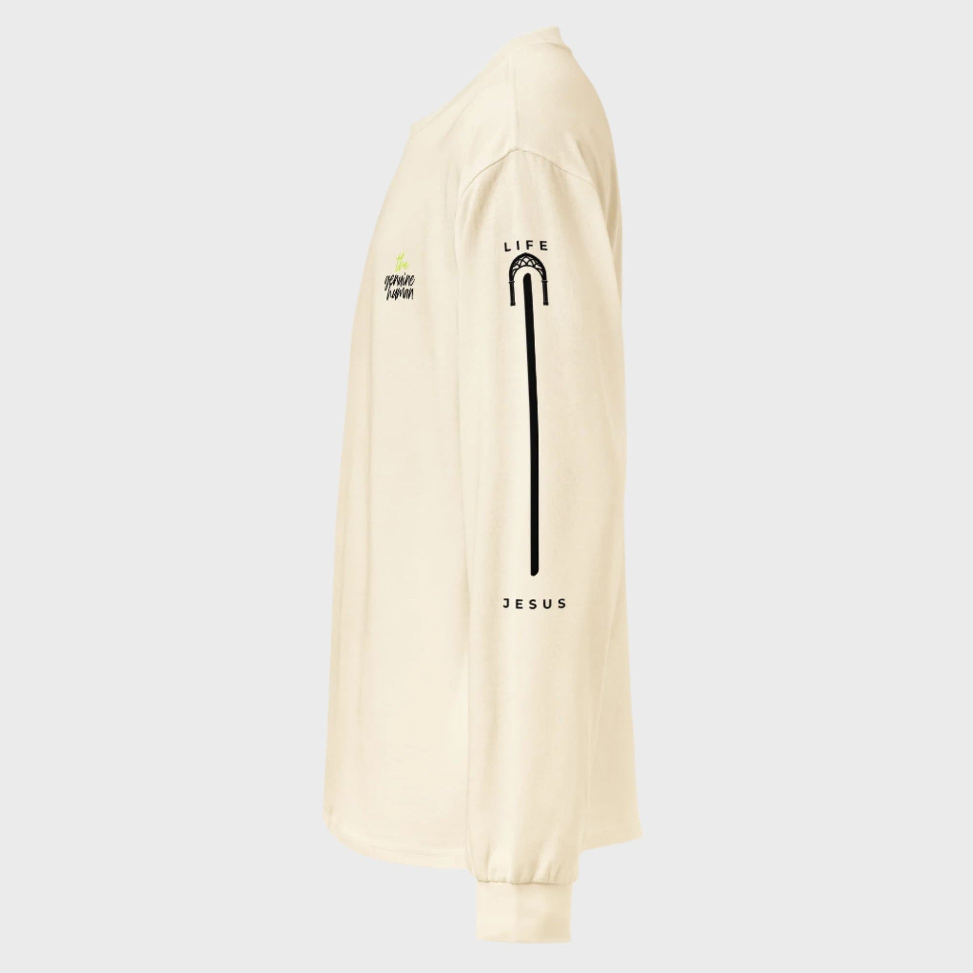 Beige long-sleeve shirt with black graphic design on a white background