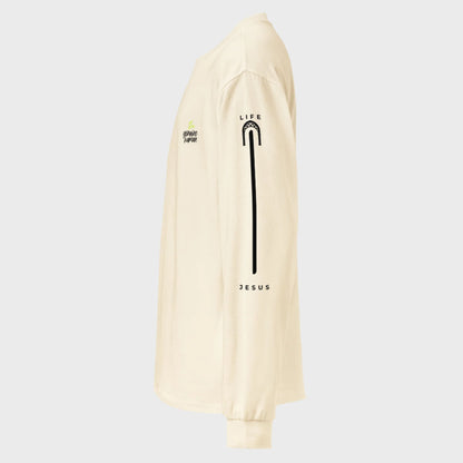 Beige long-sleeve shirt with black graphic design on a white background