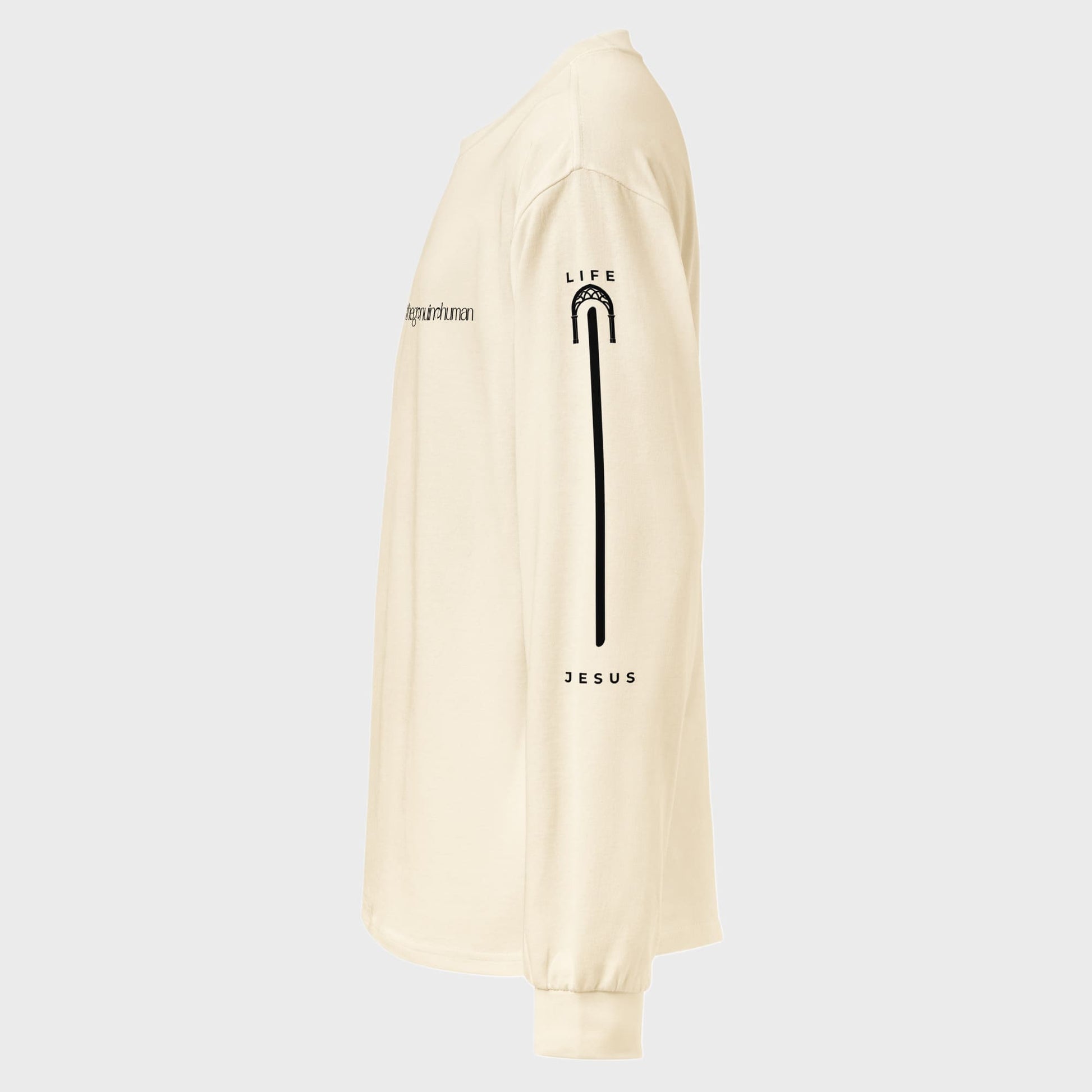 Beige long-sleeve shirt with black graphic design on a white background
