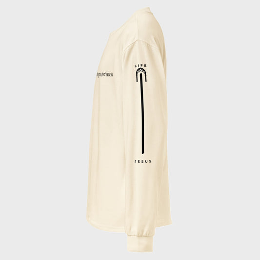 Beige long-sleeve shirt with black graphic design on a white background