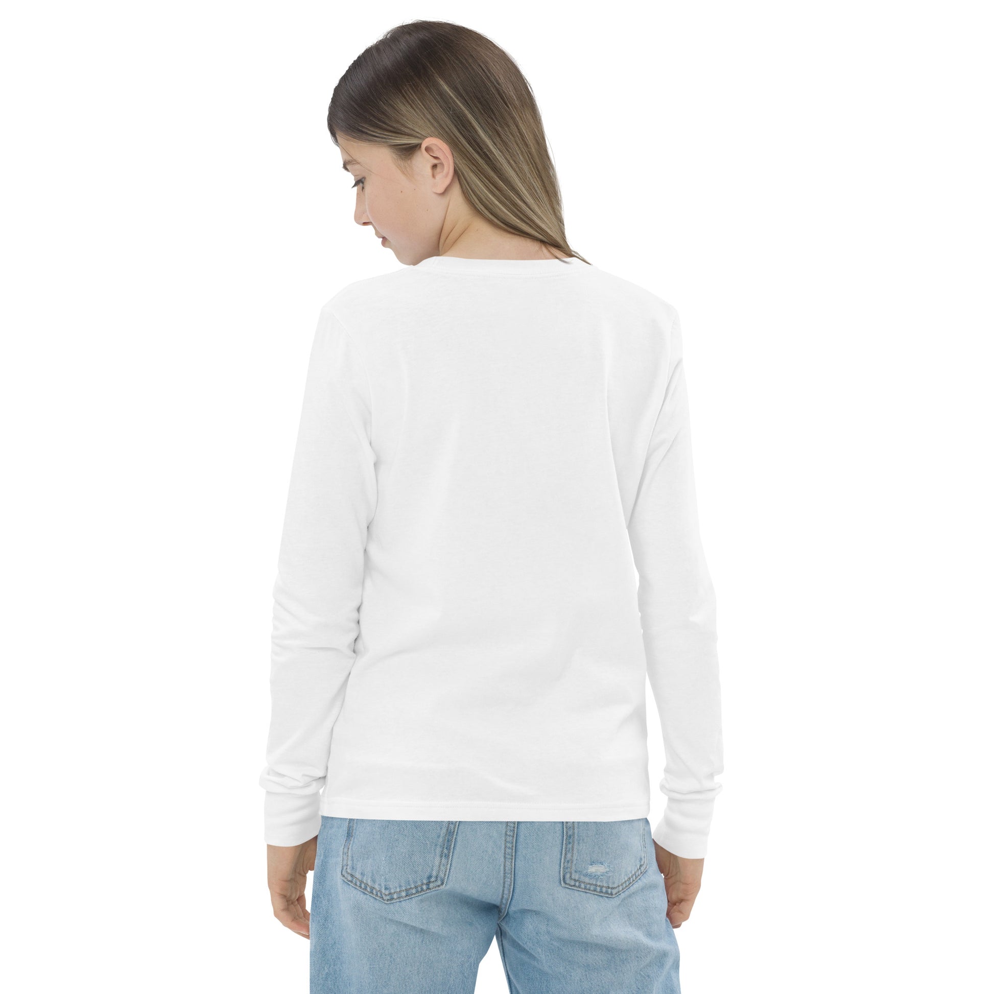 Girl wearing white shirt on plain background visible from behind