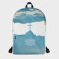 A medium-sized backpack featuring a blue sky with a cross and clouds design, and a quote from the Bible.