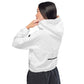 Woman wearing a white faith based windbreaker jacket visible from behind