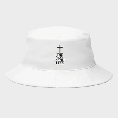 White cotton twill bucket hat with 'The Way, Truth, Life' embroidered on the front