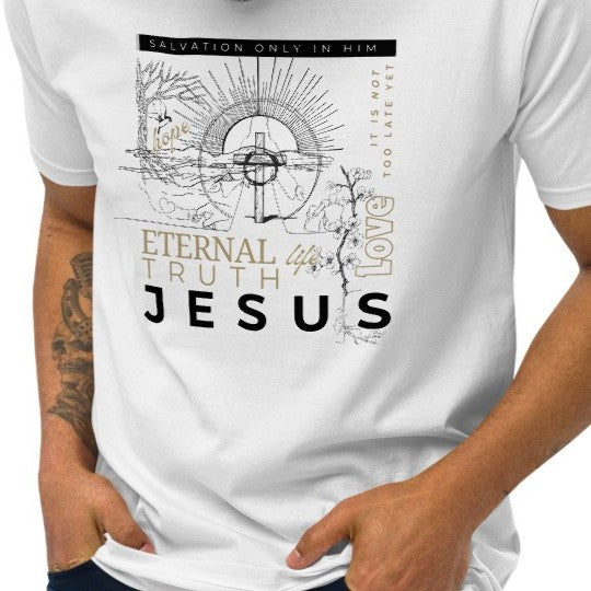 White t-shirt with Christian design and JESUS text in bold letters and text on a person wearing it.