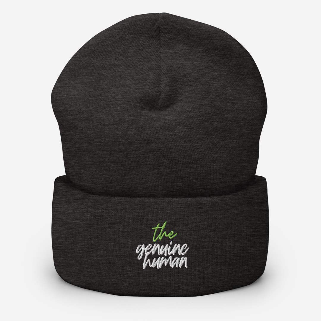 Dark grey beanie hat with text thegenuinehuman