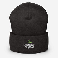 Dark grey beanie hat with text thegenuinehuman
