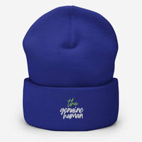 Vibrant blue beanie hat with text thegenuinehuman 